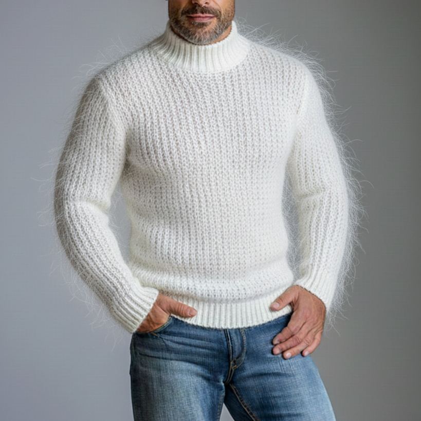 Men's White Mock Neck Long Sleeve Fuzzy Knit Sweater
