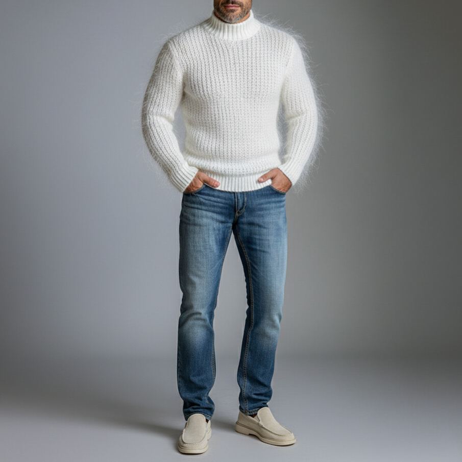 Men's White Mock Neck Long Sleeve Fuzzy Knit Sweater