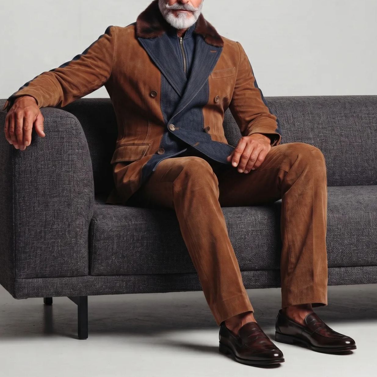 Men's Caramel Suede Patchwork Denim Peak Lapel Fuzzy Collar Double Breasted Blazer