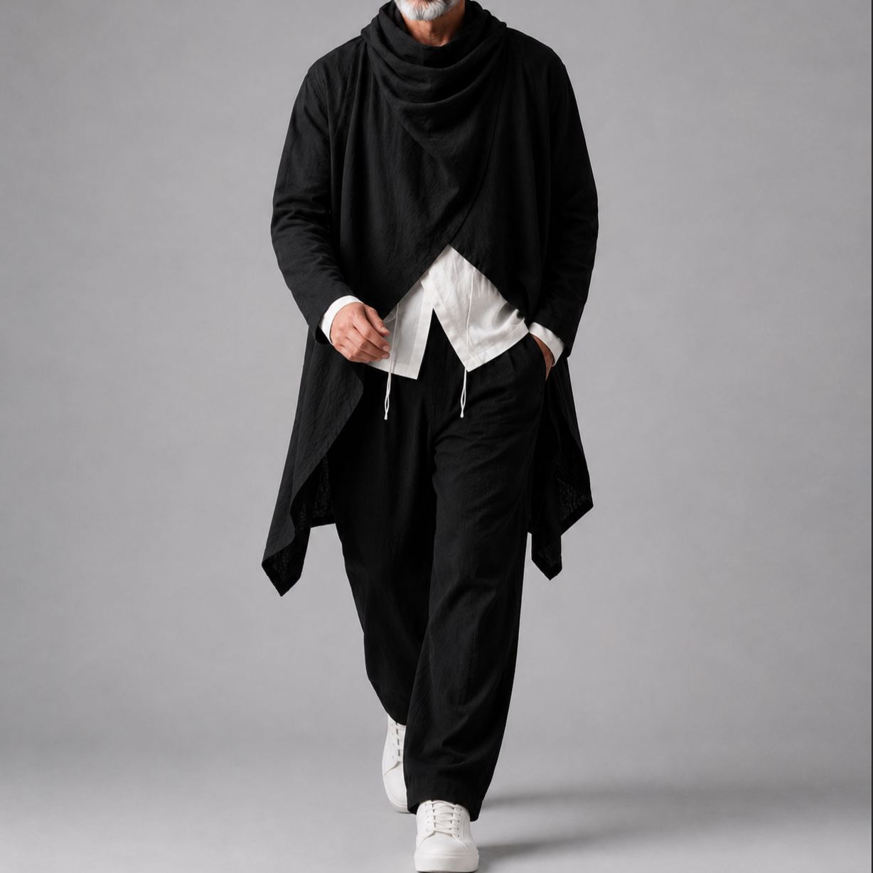 Men's Long Cotton-Linen Asymmetrical Cape