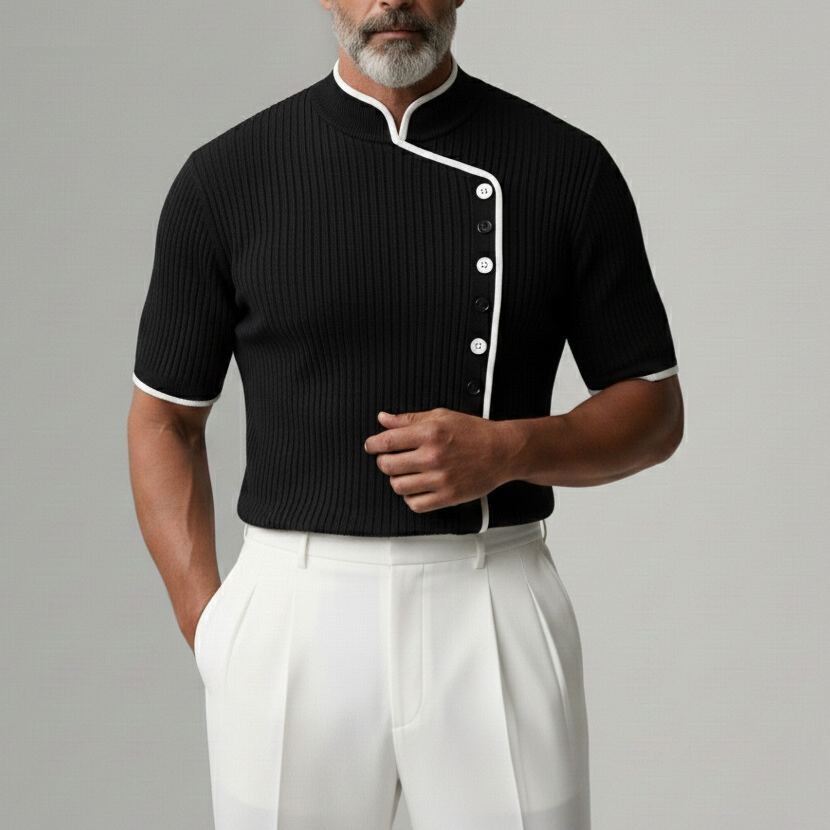 Men's Black Stand Collar Contrast Trim Asymmetric Button Placket Ribbed Short Sleeve Shirt