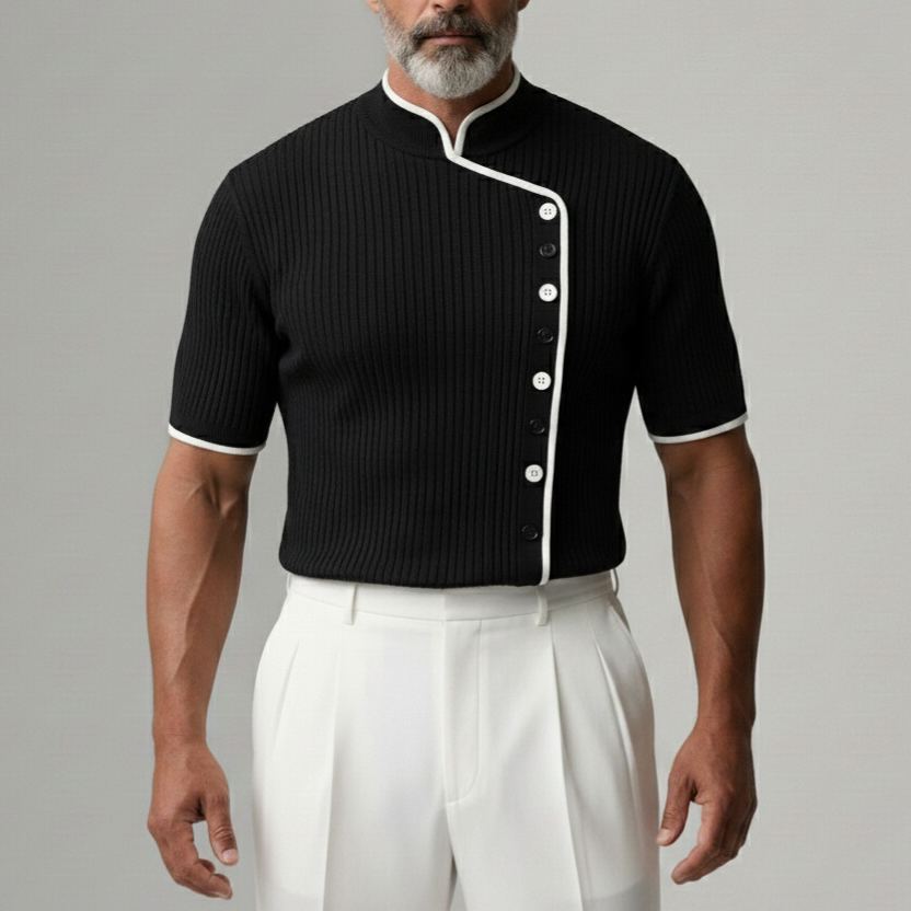 Men's Black Stand Collar Contrast Trim Asymmetric Button Placket Ribbed Short Sleeve Shirt