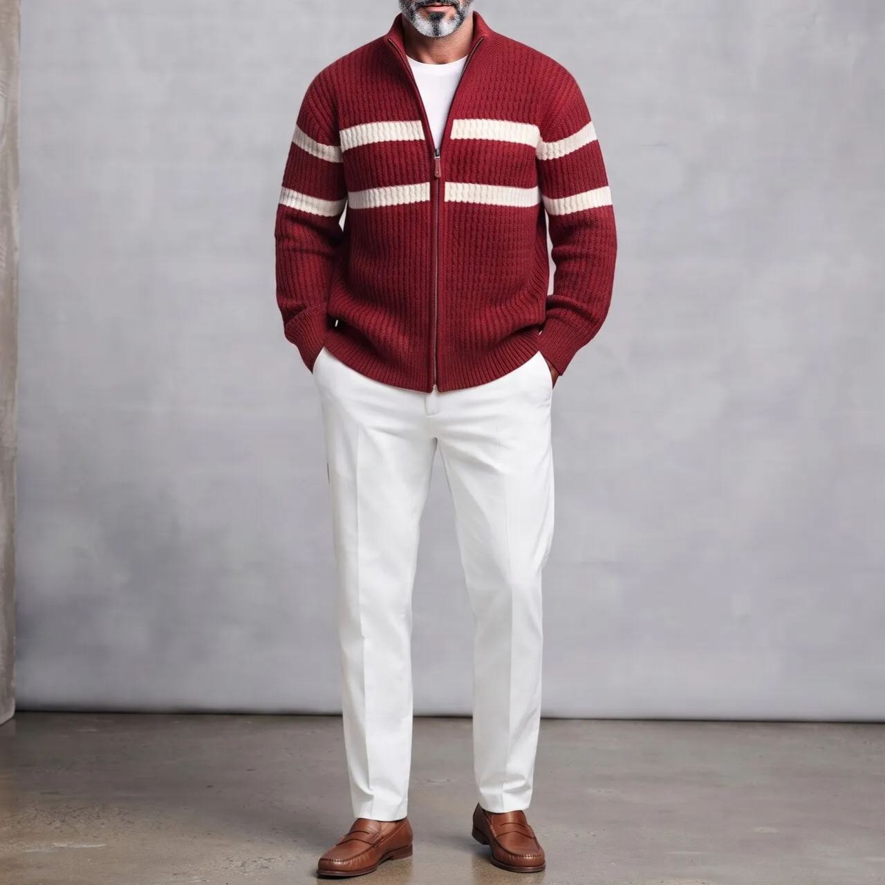 Men's Casual Contrast Striped Stand Collar Loose Fit Zipper Cable Knitted Cardigan