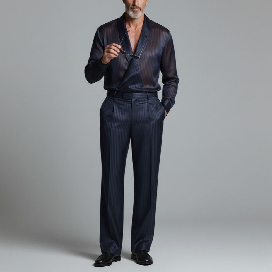 Men's Elegant Navy Blue Pinstripe Semi-Sheer Wrap Shirt & Suit Pants 2Pcs Set