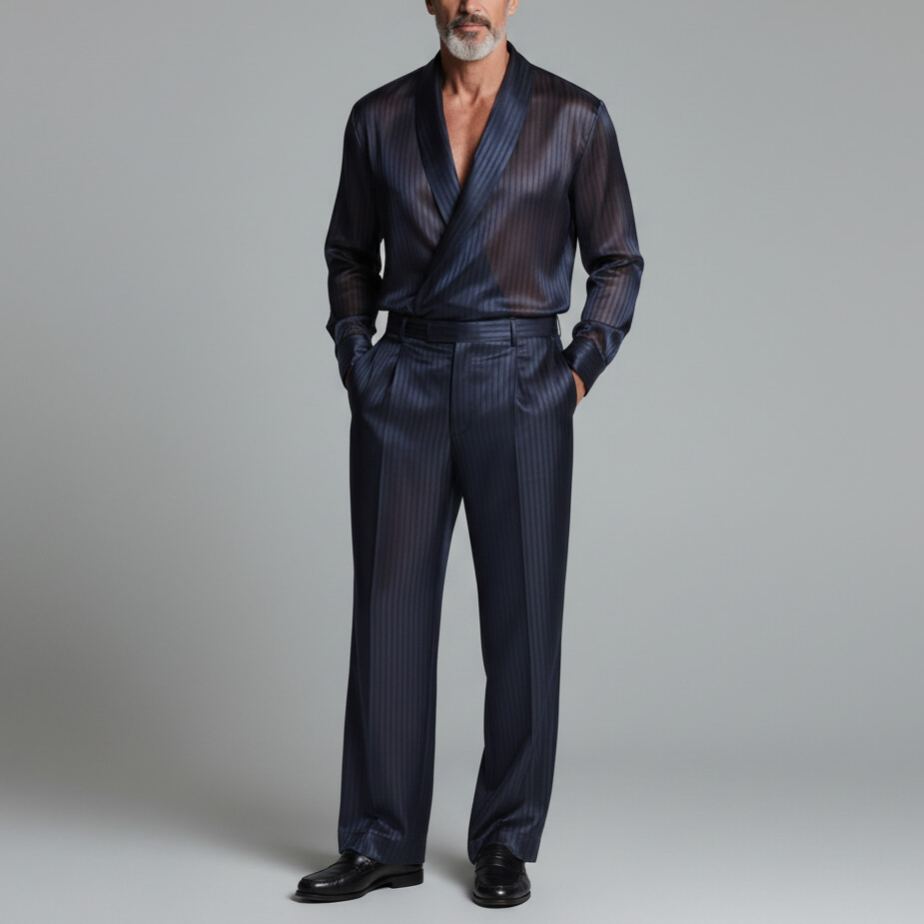 Men's Elegant Navy Blue Pinstripe Semi-Sheer Wrap Shirt & Suit Pants 2Pcs Set