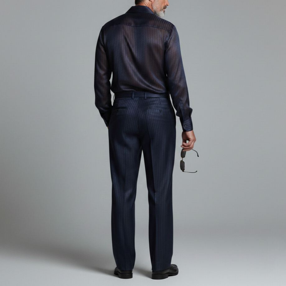 Men's Elegant Navy Blue Pinstripe Semi-Sheer Wrap Shirt & Suit Pants 2Pcs Set