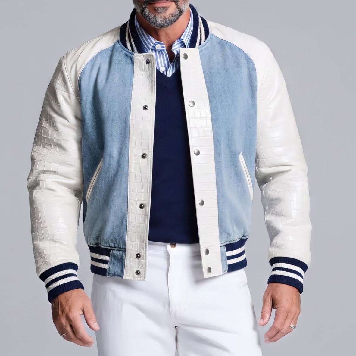 Men's Colorblock Denim Patchwork PU Leather Long Sleeve Single Breasted Bomber Jacket