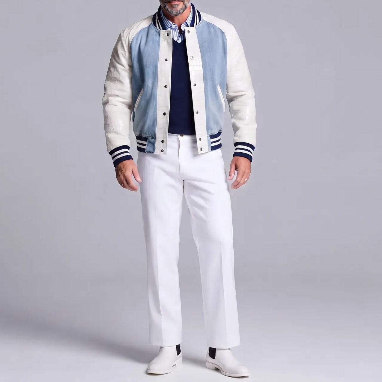 Men's Colorblock Denim Patchwork PU Leather Long Sleeve Single Breasted Bomber Jacket