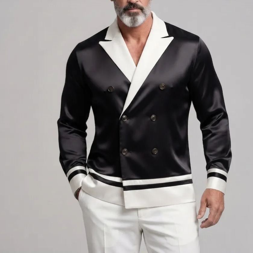 Men's Elegant Satin Contrast Trim Peak Lapel Double-Breasted Shirt