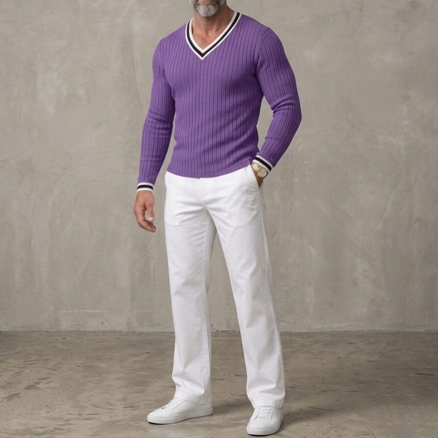 Men's Casual Pit Stripe Contrast Trim Slim Fit V Neck Long Sleeve T-Shirt