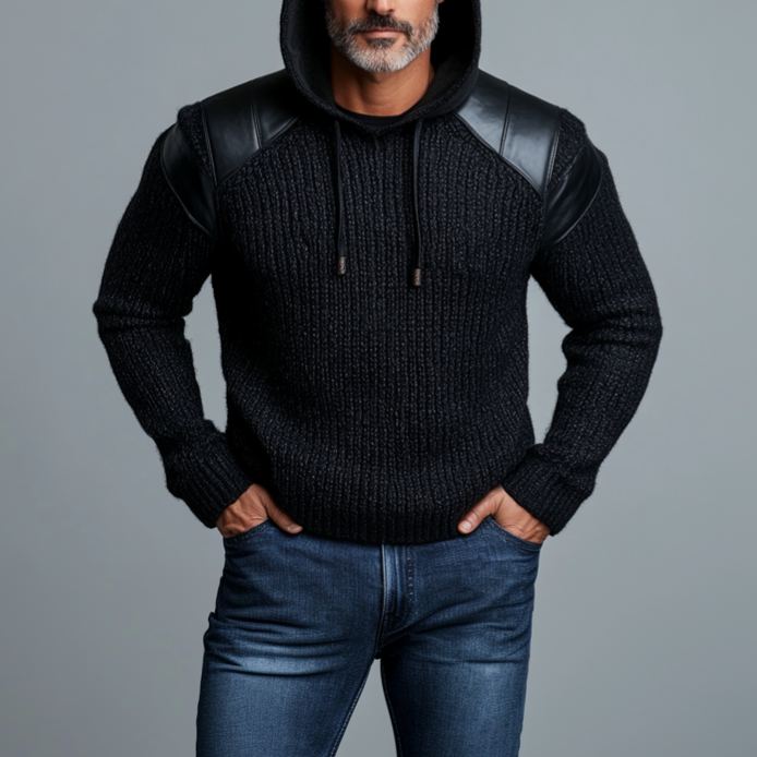 Men's Casual PU Leather Patchwork Rib Knit Long Sleeve Drawstring Hoodie