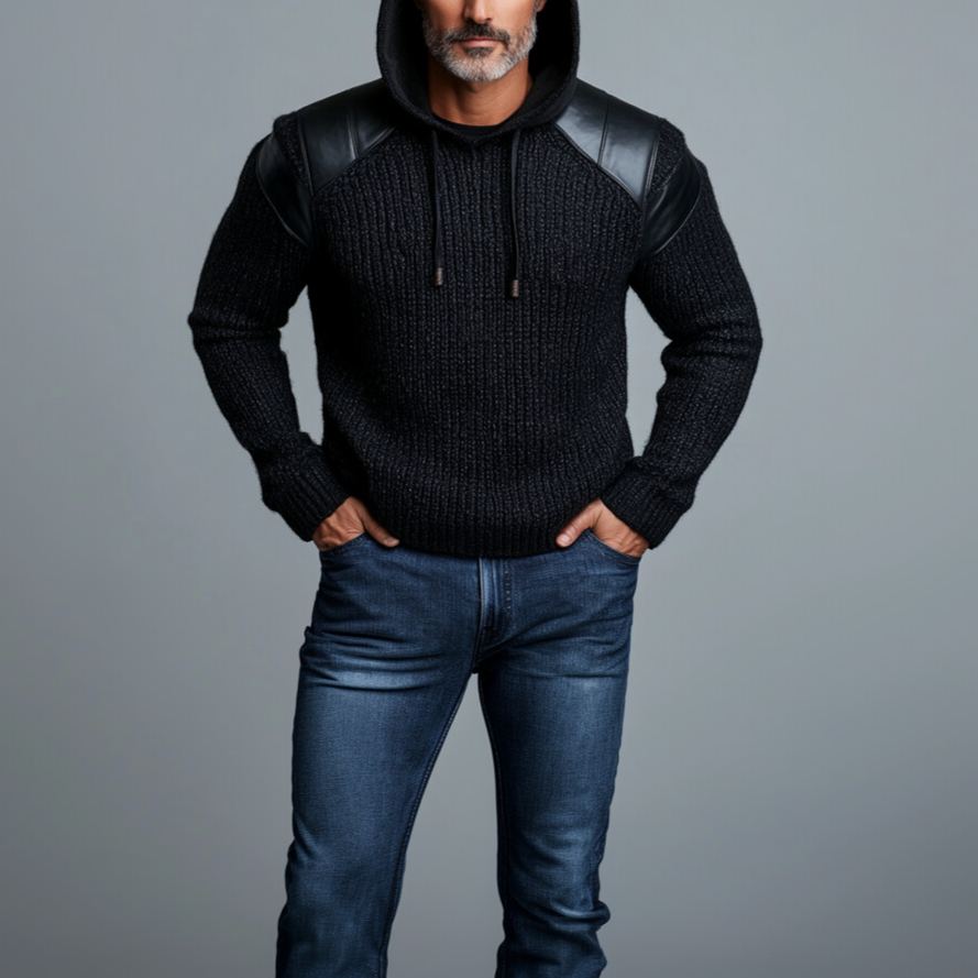 Men's Casual PU Leather Patchwork Rib Knit Long Sleeve Drawstring Hoodie