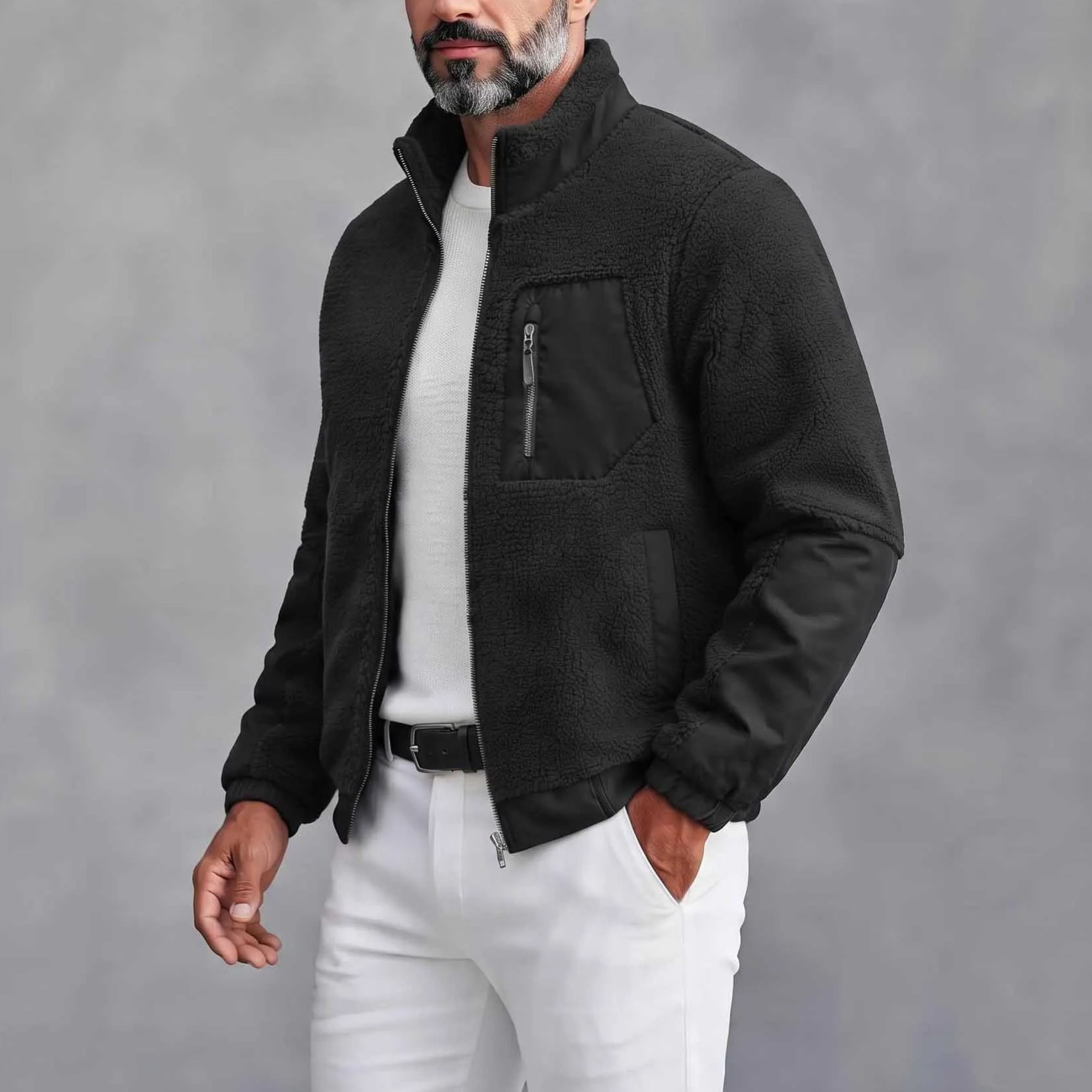 Men's Casual Stand Collar Multi-Pocket Zipper Fleece Bomber Jacket
