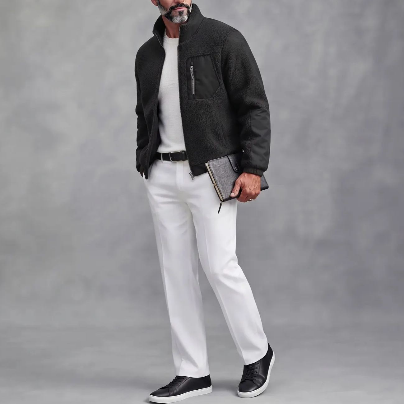 Men's Casual Stand Collar Multi-Pocket Zipper Fleece Bomber Jacket