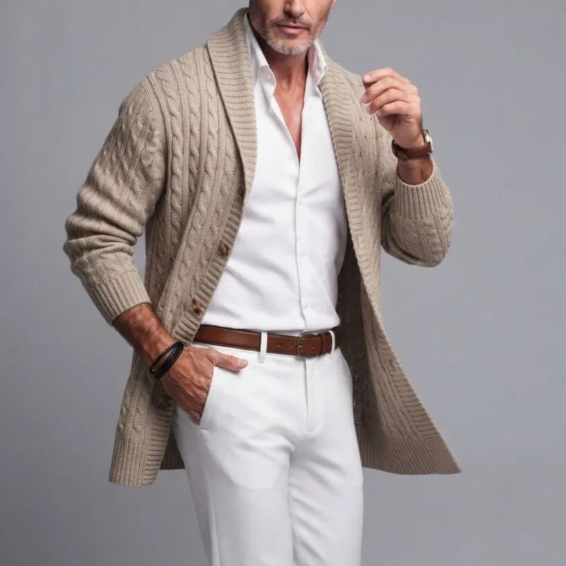 Men's Solid Color Shawl Lapel Single Breasted Twist Knitted Mid-Length Cardigan