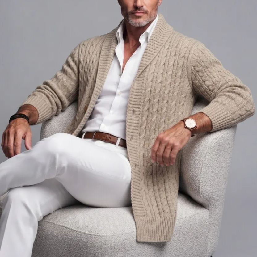 Men's Solid Color Shawl Lapel Single Breasted Twist Knitted Mid-Length Cardigan