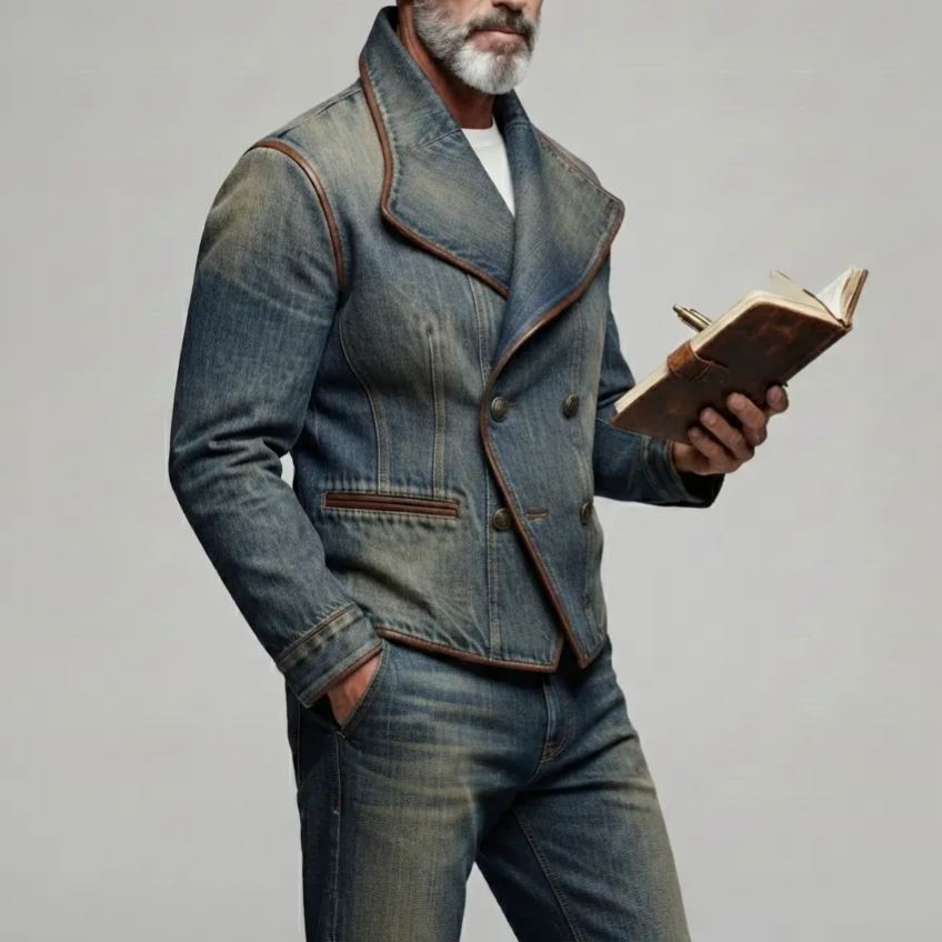 Men's Vintage Washed Denim Contrast Piping Welt Pocket Lapel Collar Double-Breasted Jacket