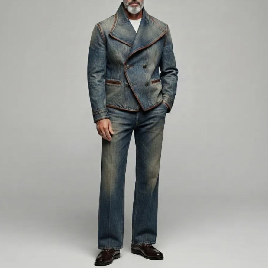 Men's Vintage Washed Denim Contrast Piping Welt Pocket Lapel Collar Double-Breasted Jacket