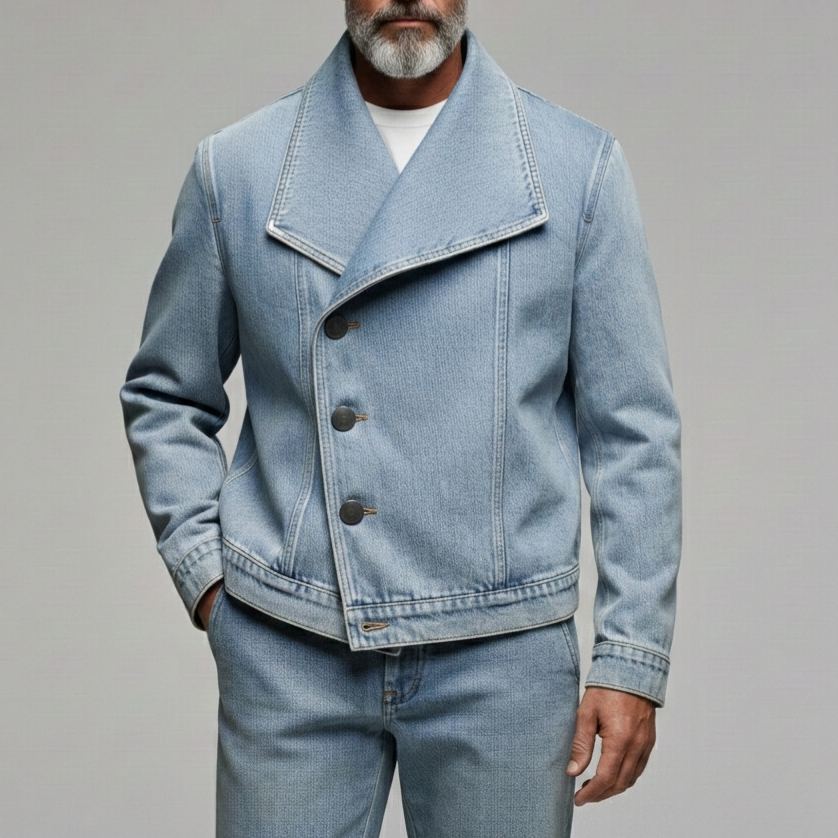 Men's Casual Light Blue Asymmetric Single Breasted Lapel Collar Denim Jacket