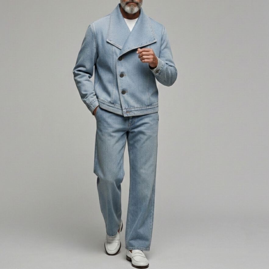Men's Casual Light Blue Asymmetric Single Breasted Lapel Collar Denim Jacket