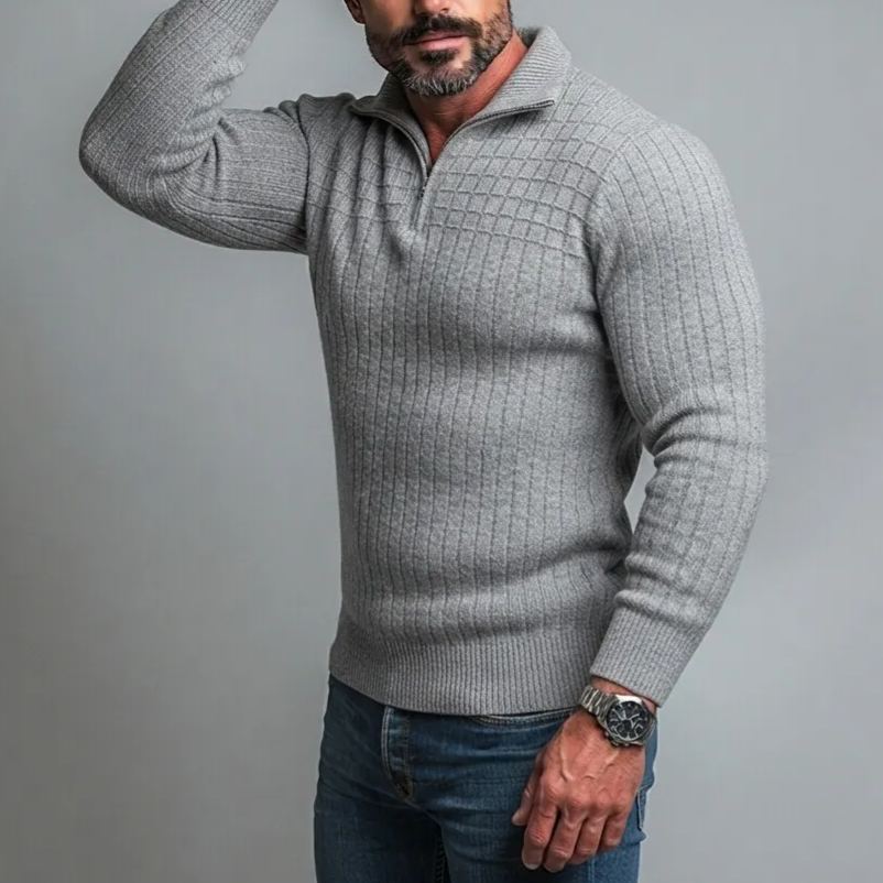 Men's Casual Gray Textured Ribbed Knit Slim Fit Quarter Zip Pullover Sweater