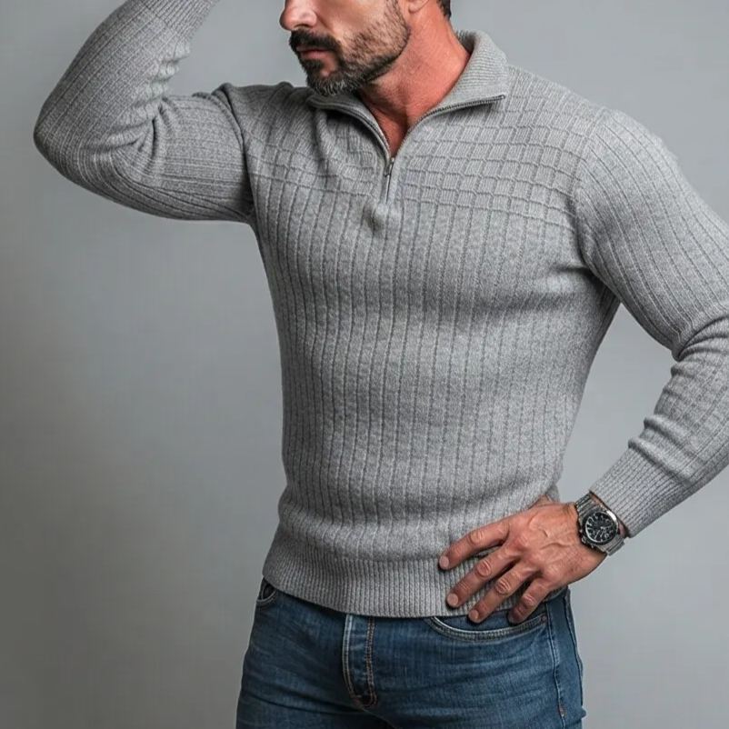 Men's Casual Gray Textured Ribbed Knit Slim Fit Quarter Zip Pullover Sweater