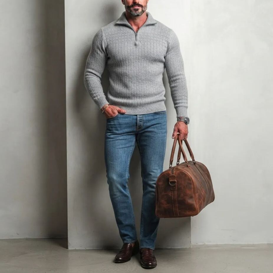 Men's Casual Gray Textured Ribbed Knit Slim Fit Quarter Zip Pullover Sweater