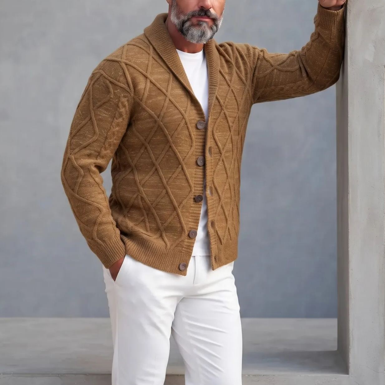 Men's Brown Diamond Pattern Shawl Lapel Single Breasted Cable Knit Sweater Cardigan