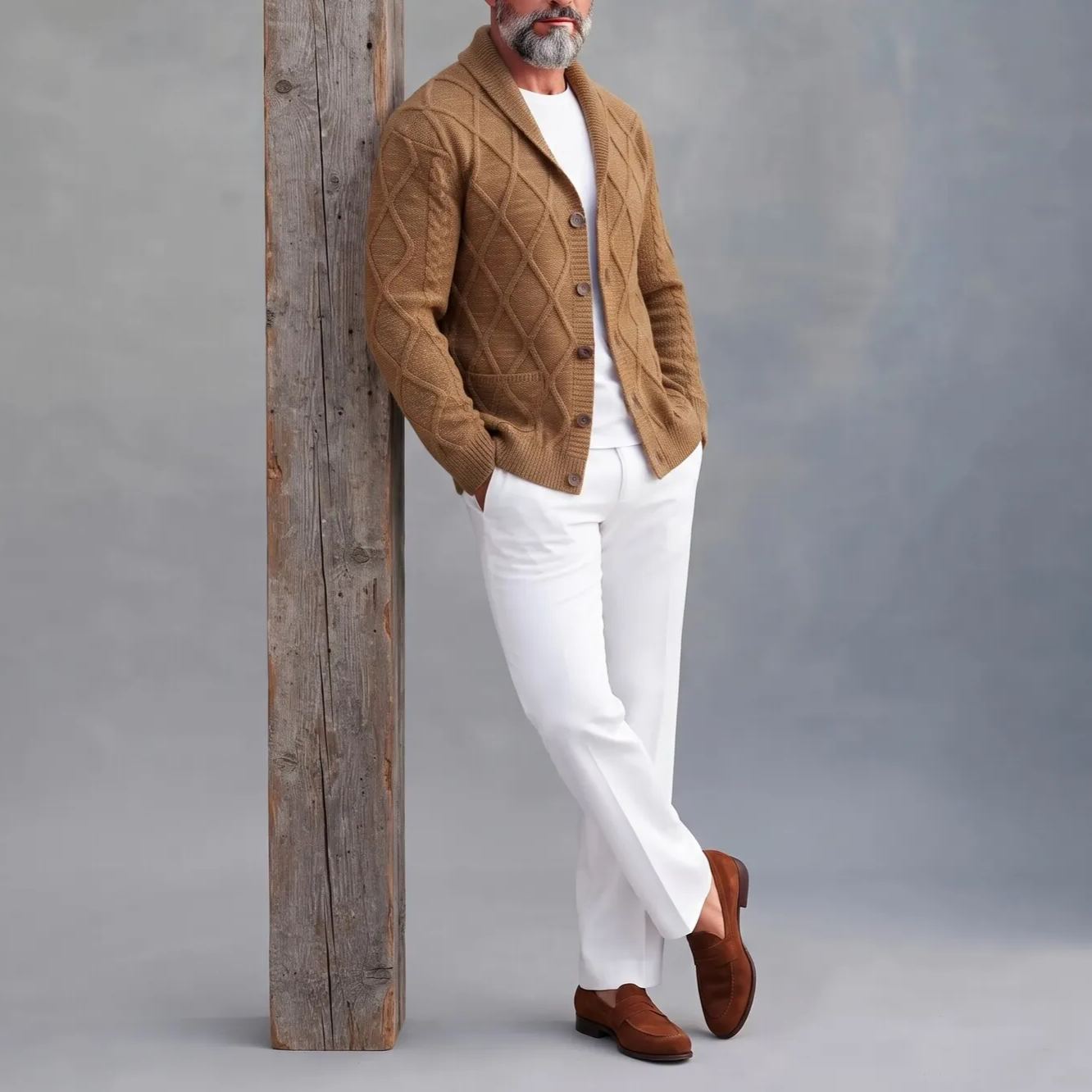 Men's Brown Diamond Pattern Shawl Lapel Single Breasted Cable Knit Sweater Cardigan