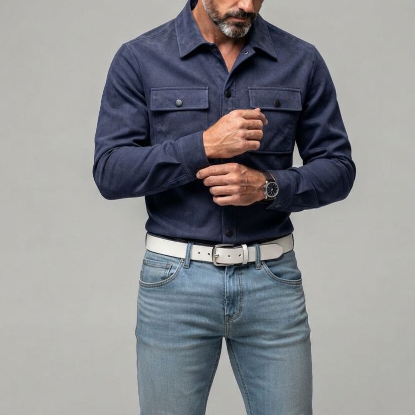 Men's Suede Solid Color Double Chest Pockets Snap Buttons Casual Long Sleeve Shirt