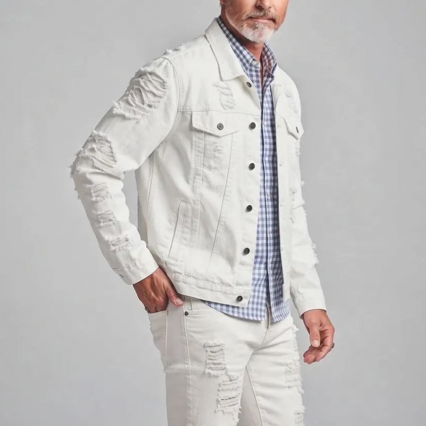 Men's White Distressed Ripped Single-Breasted Multi-Pocket Denim Jacket