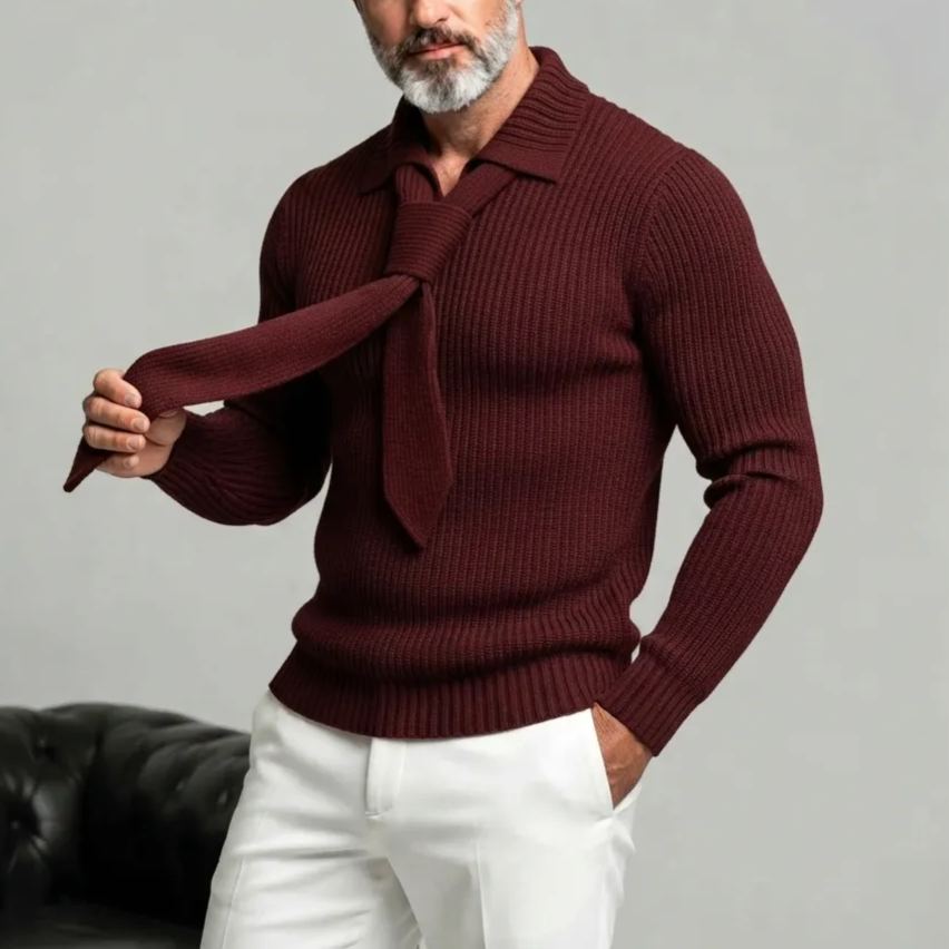 Men's Burgundy Ribbed Knit Slim Fit Long Sleeve with Necktie Pullover Sweater