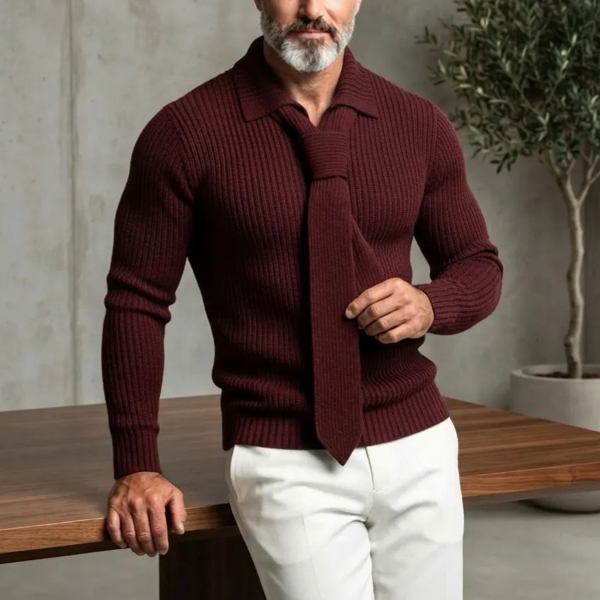 Men's Burgundy Ribbed Knit Slim Fit Long Sleeve with Necktie Pullover Sweater