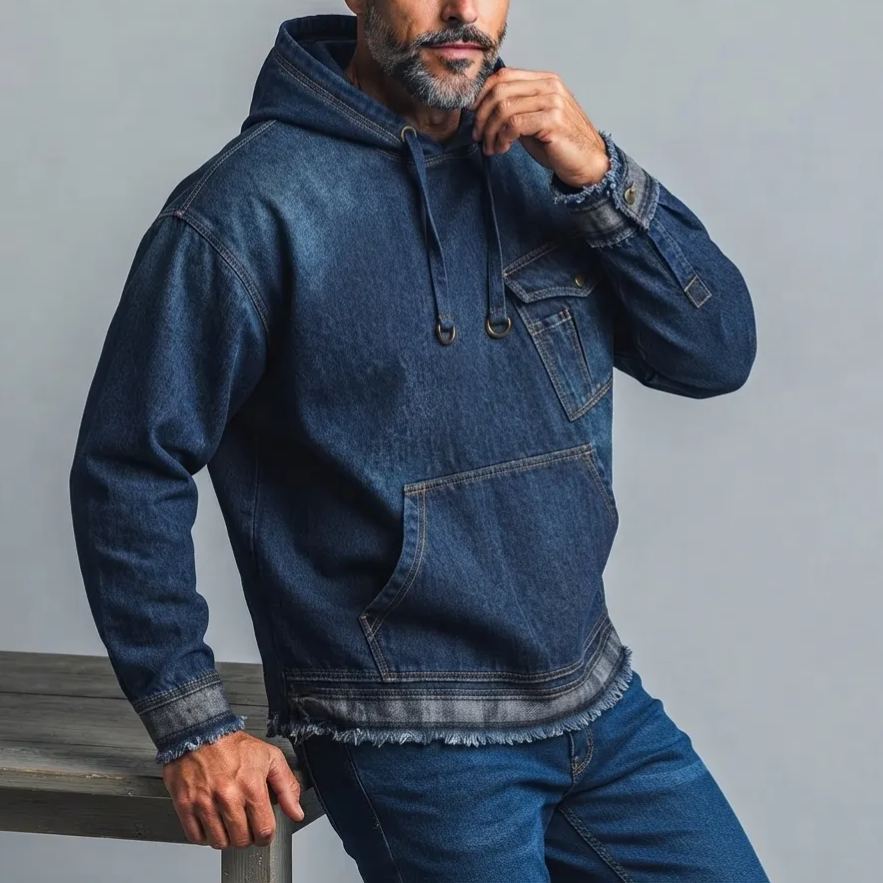 Men's Dark Blue Chest Pocket Frayed Hem Drawstring Pullover Denim Hoodie