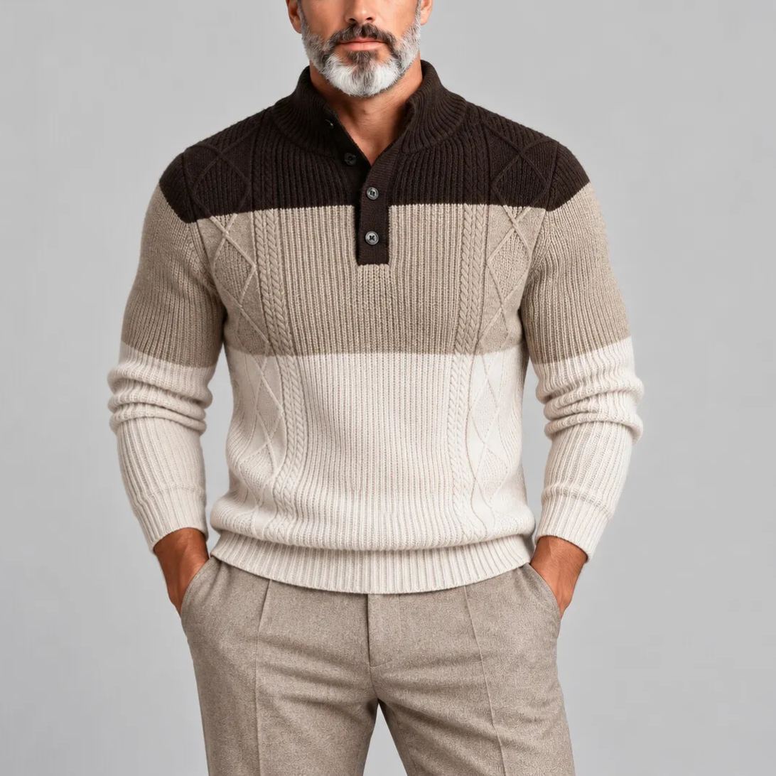 Men's Color Block Cable Knit Stand Collar Half Placket Pullover Sweater