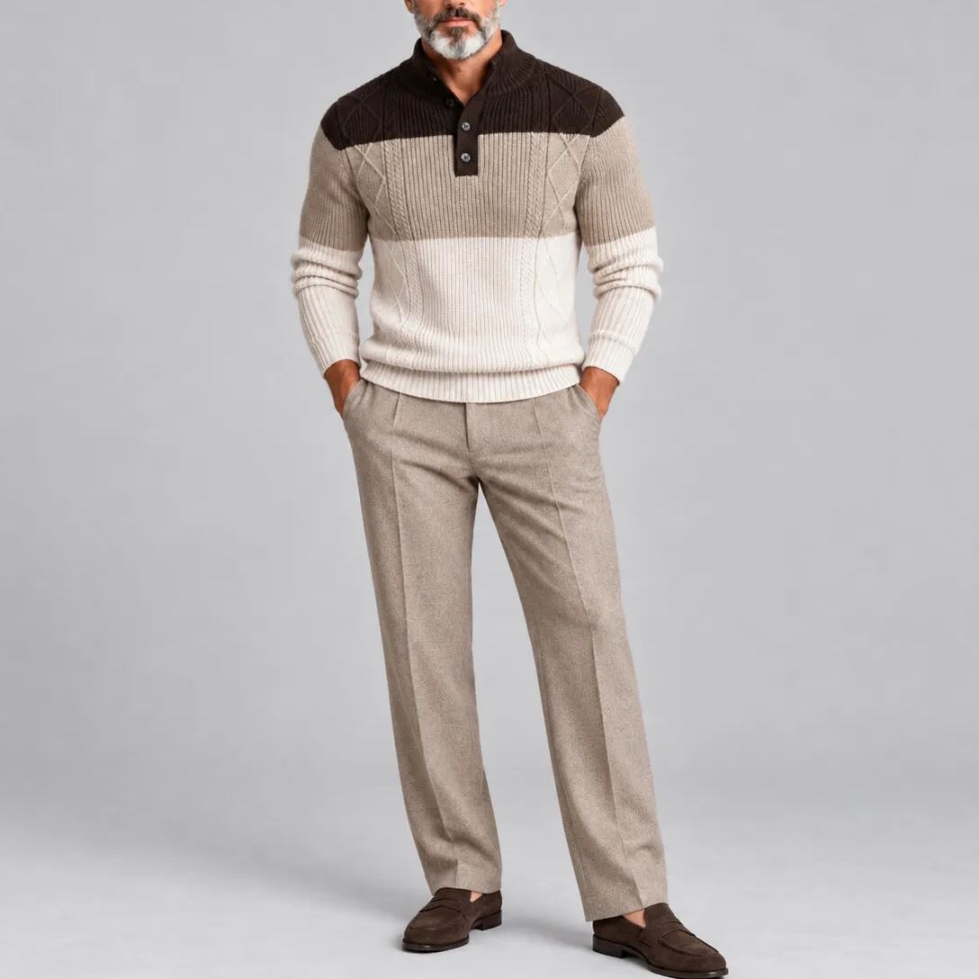 Men's Color Block Cable Knit Stand Collar Half Placket Pullover Sweater