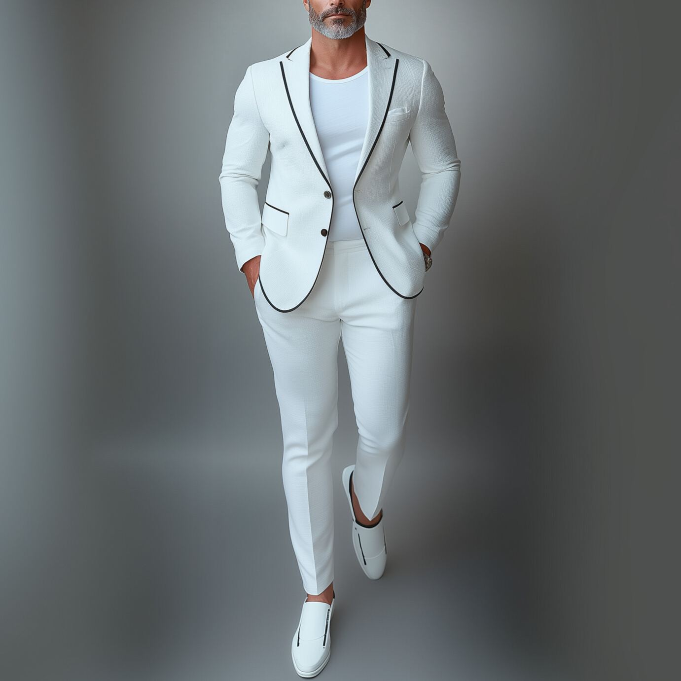 Men's Lapel Collar Two Button Long Sleeve Contrast Binding Blazer