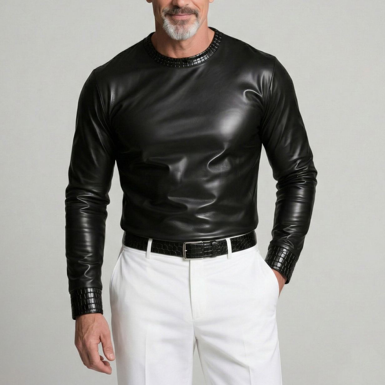 Men's Black PU Leather Patchwork Crocodile Embossed Trim Slim Fit T-Shirt