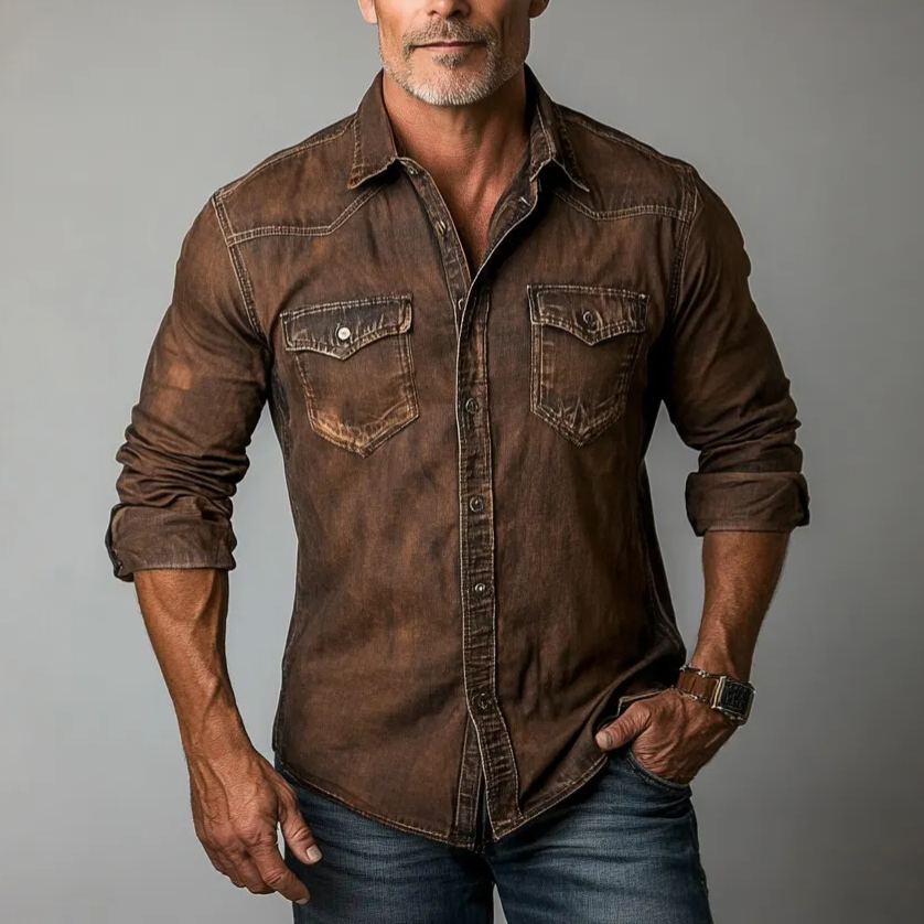Men's Retro Long Sleeve Denim Shirt with Chest Pocket