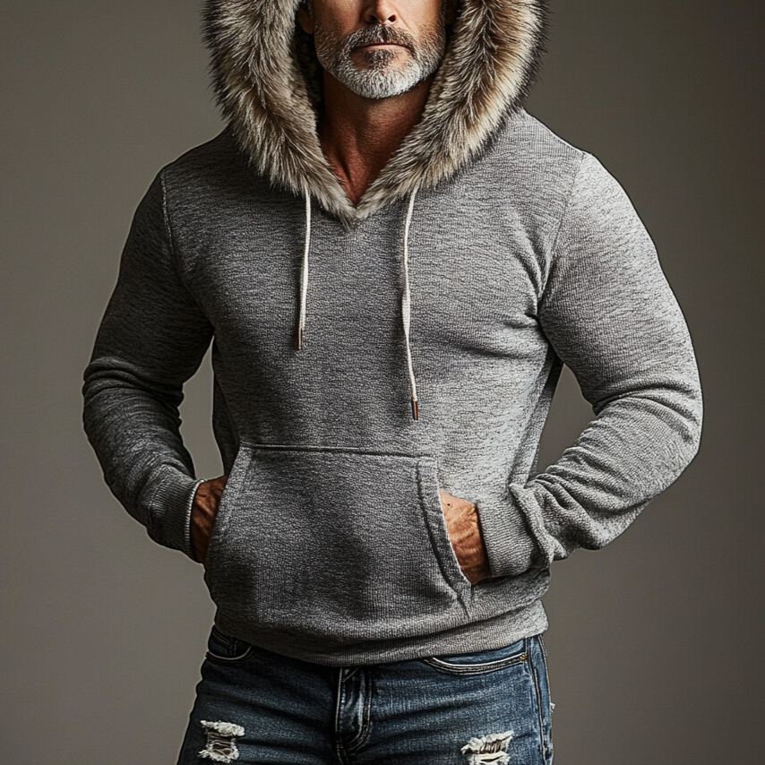 Men's Long Sleeve Drawstring Hoodie with Fluffy Trim