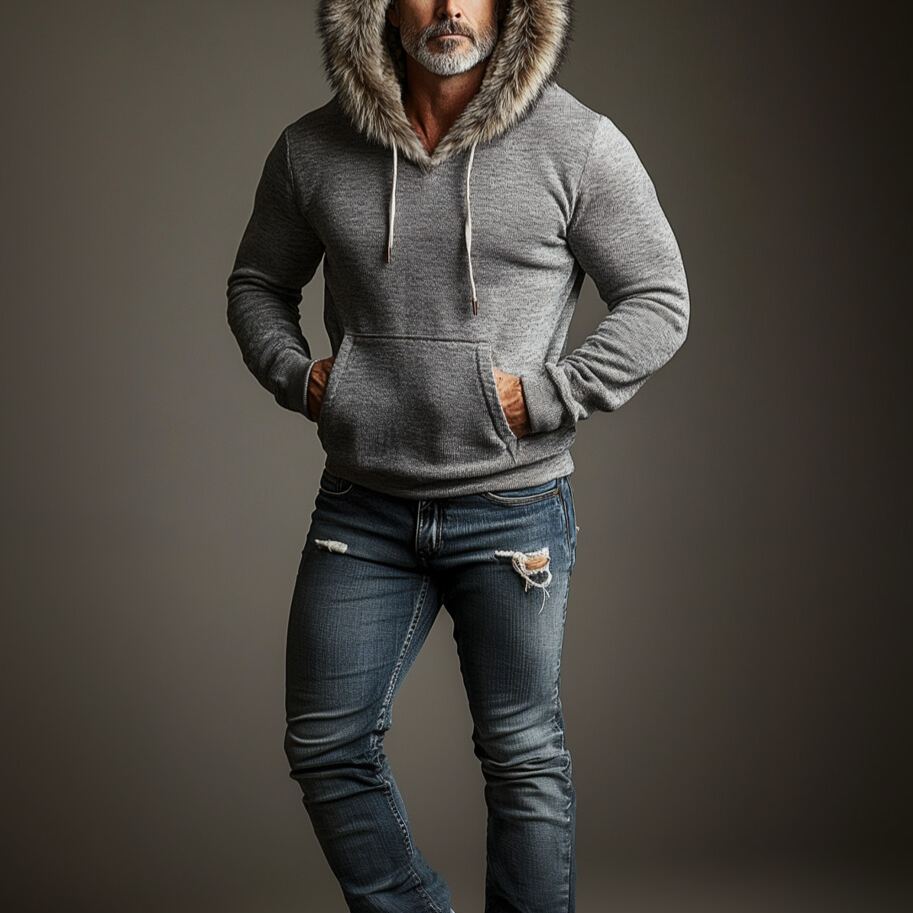 Men's Long Sleeve Drawstring Hoodie with Fluffy Trim