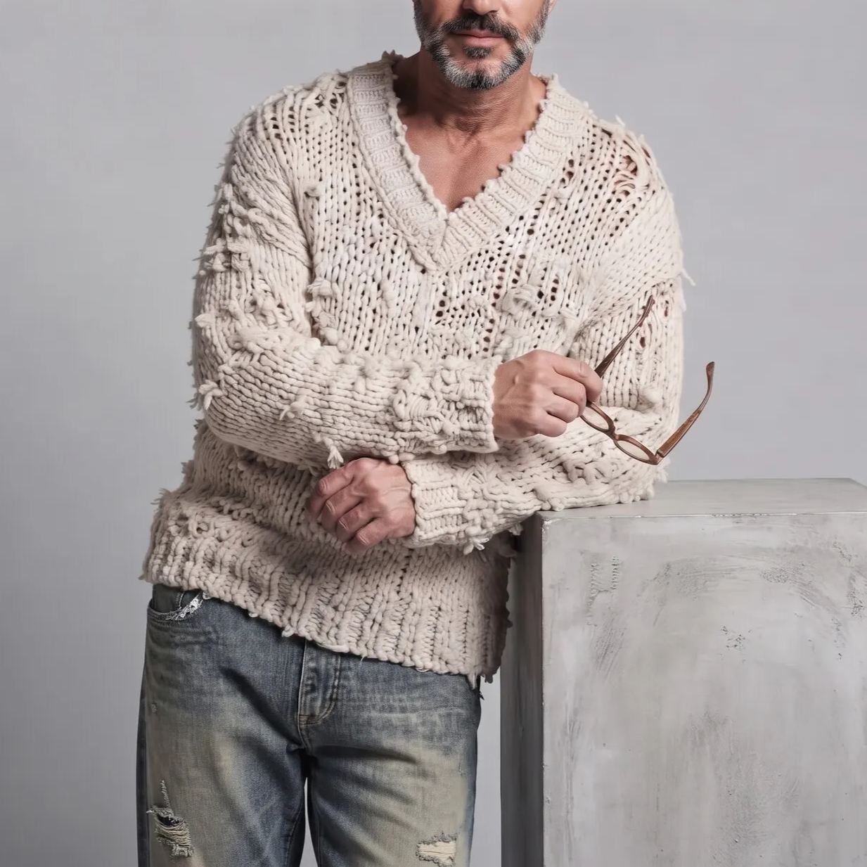 Men's Beige Distressed V Neck Frayed Edge Hollow Out Chunky Knit Pullover Sweater