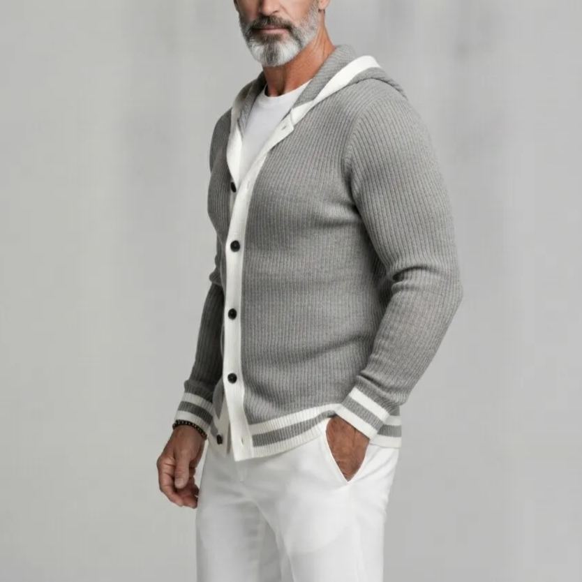 Men's Gray Ribbed Knit Hooded Cardigan