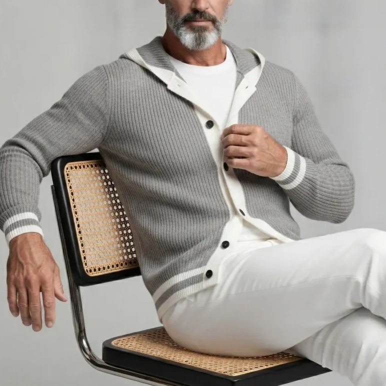 Men's Gray Ribbed Knit Hooded Cardigan