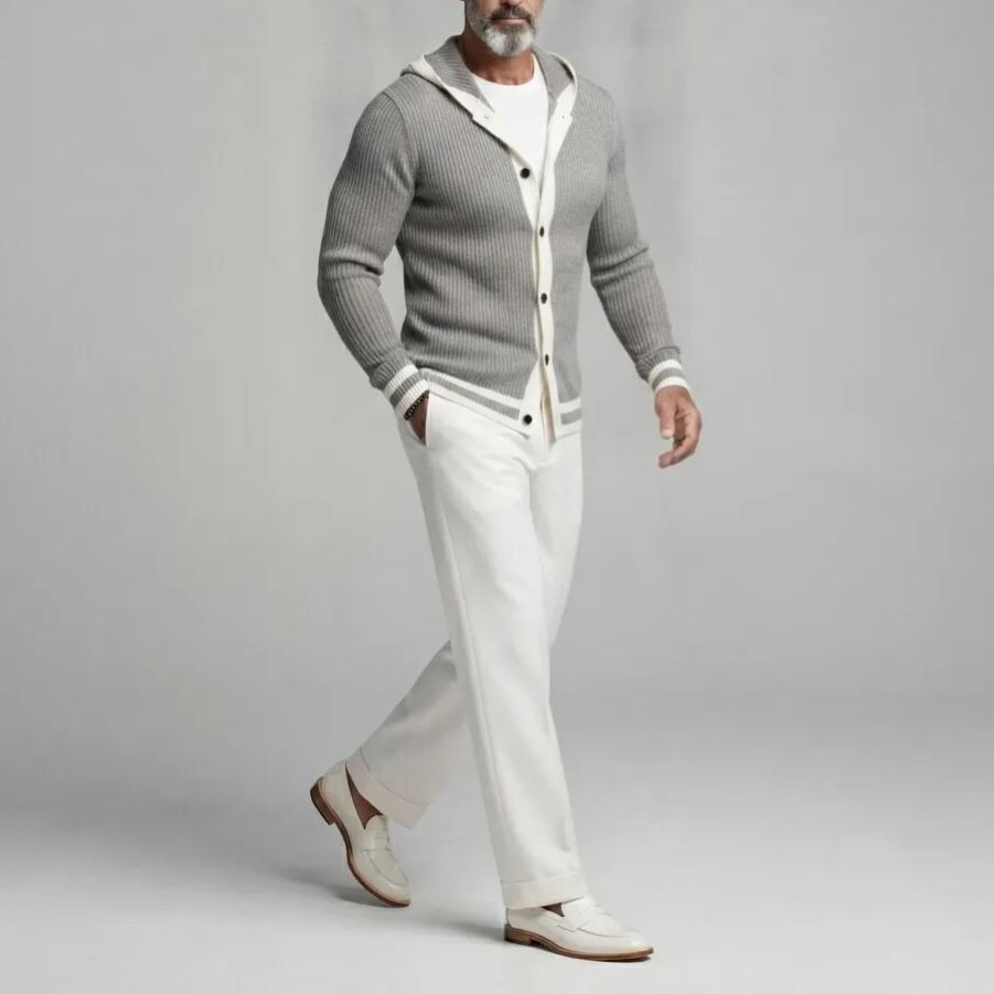 Men's Gray Ribbed Knit Hooded Cardigan