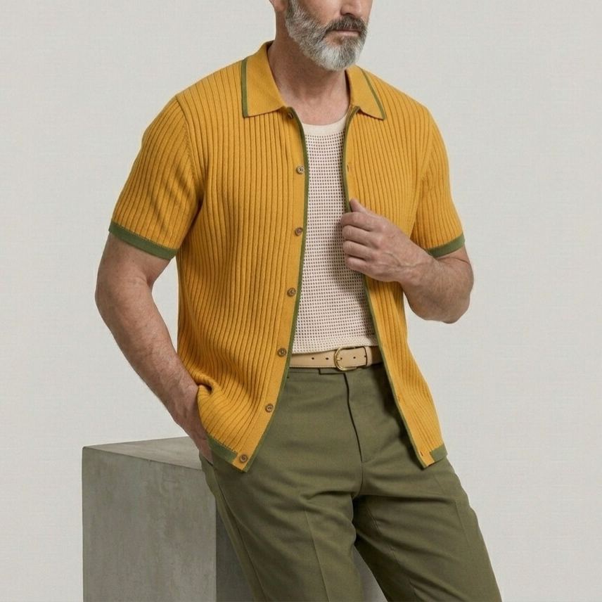 Men's Mustard Yellow Ribbed Knit Turndown Collar Contrast Binding Short Sleeve Shirt