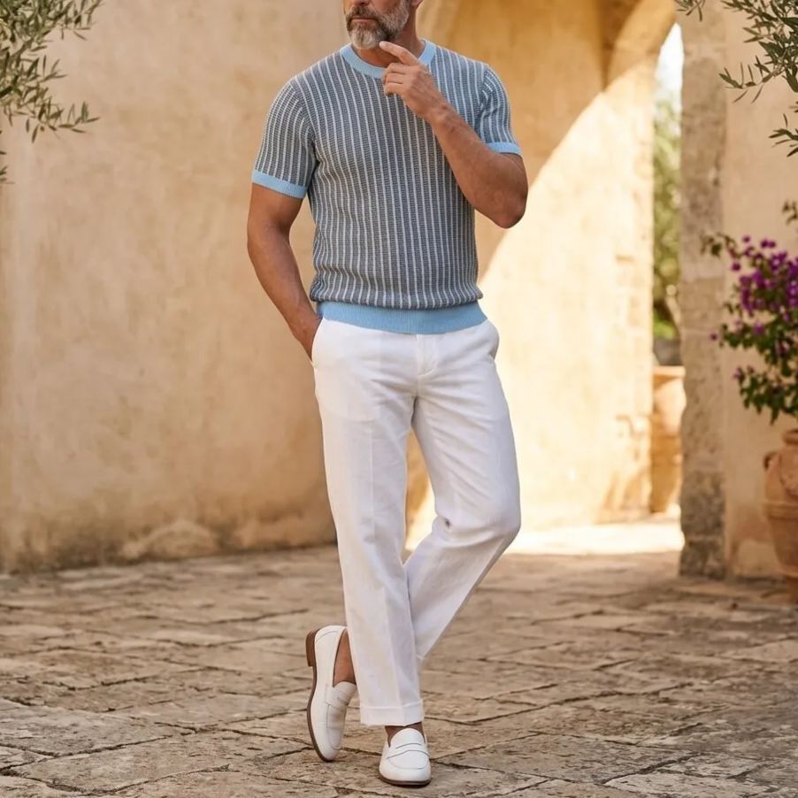 Men's Light Blue Hollow Out Contrast Striped Crew Neck Casual T-Shirt