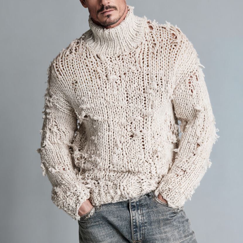 Men's Distressed Chunky Knit Turtleneck Sweater