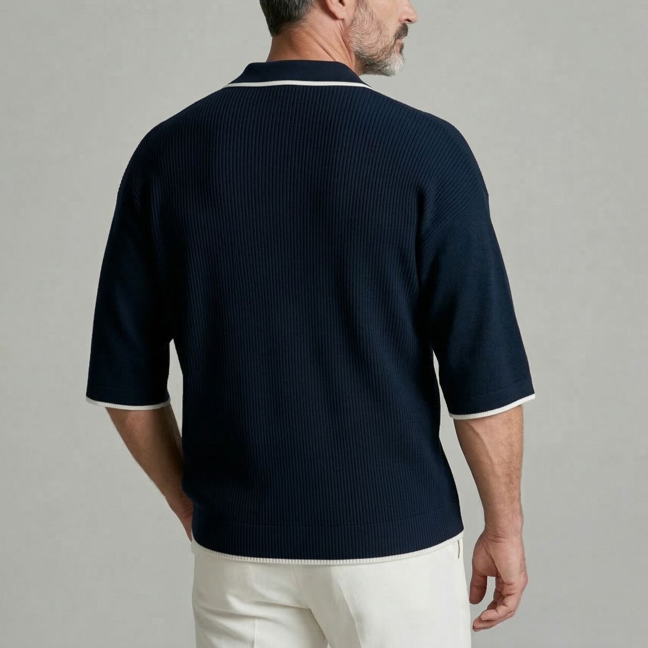 Men's Navy Blue Contrast Binding Slanted Button Up Ribbed Half Sleeve Shirt