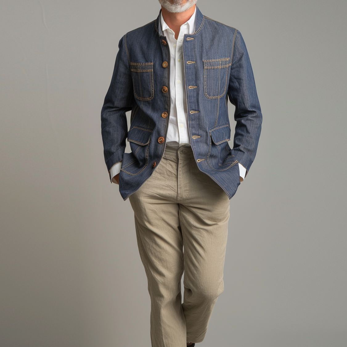 Men's Stand Collar Pockets Retro Denim Jacket